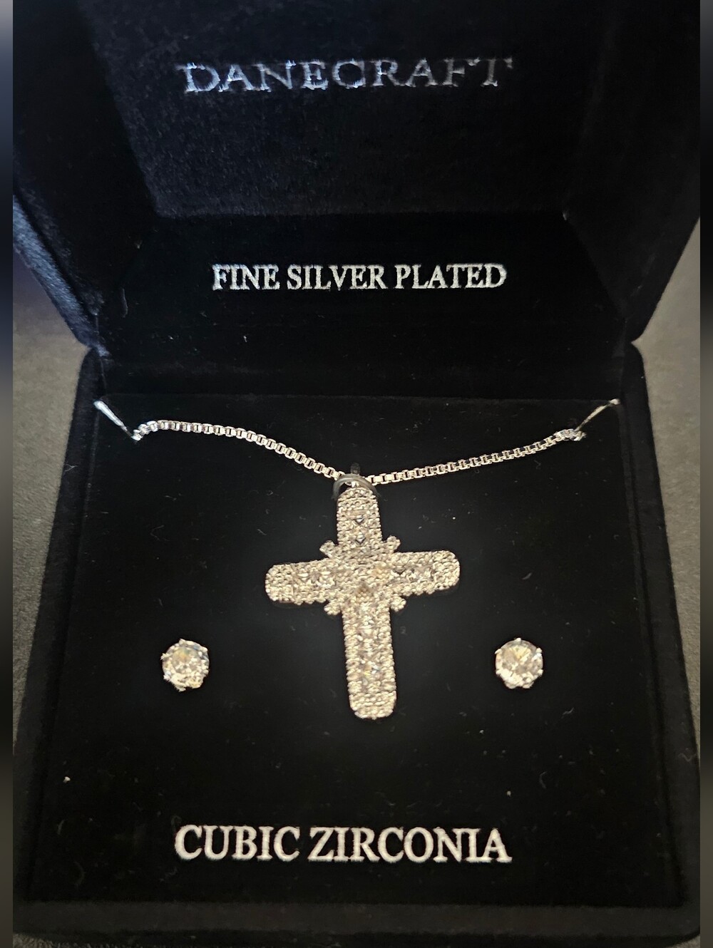 NWT- DaneCraft Cross Pendant Necklace & Cubic Zirconia Stud Earrings Set